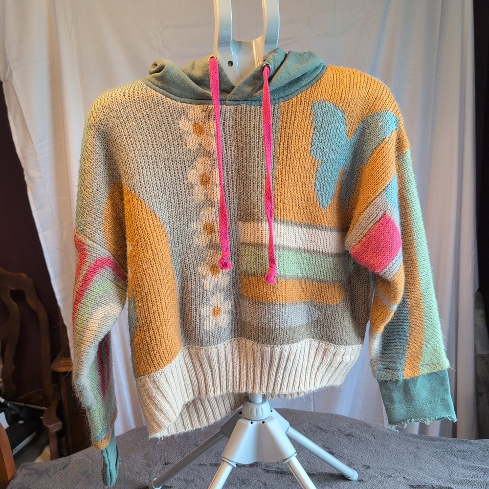 Natural Life Patchwork Knit Hoodie Sweater Boho Smiley Butterfly Floral S/M